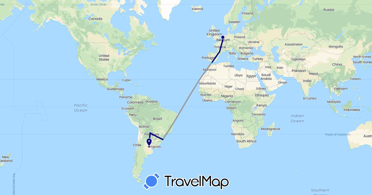 TravelMap itinerary: driving, plane, boat in Argentina, Belgium, Brazil, Spain, Morocco, Netherlands, Paraguay (Africa, Europe, South America)